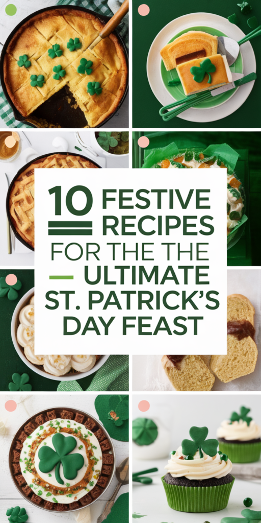 10 festive St. Patrick's Day recipes featuring dishes decorated with shamrocks for a themed feast.