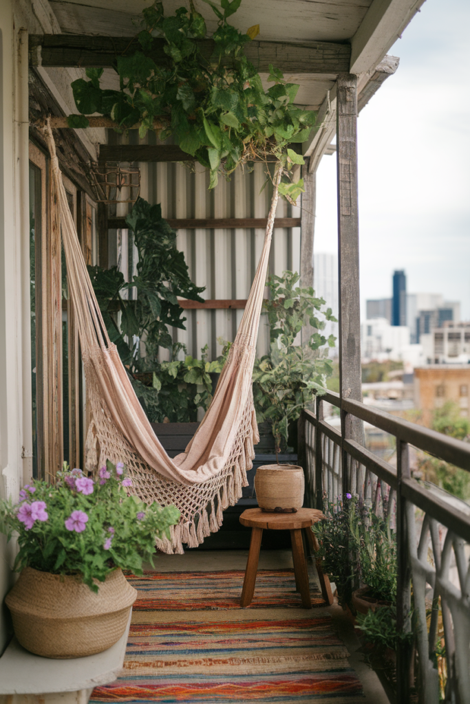 Cozy balcony with hammock, potted plants, and colorful rug overlooking cityscape. Relaxing urban oasis.