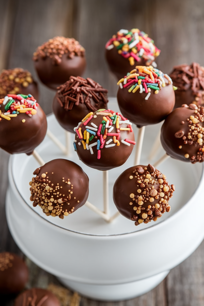 Chocolate cake pops with colorful sprinkles and toppings displayed on a white stand.