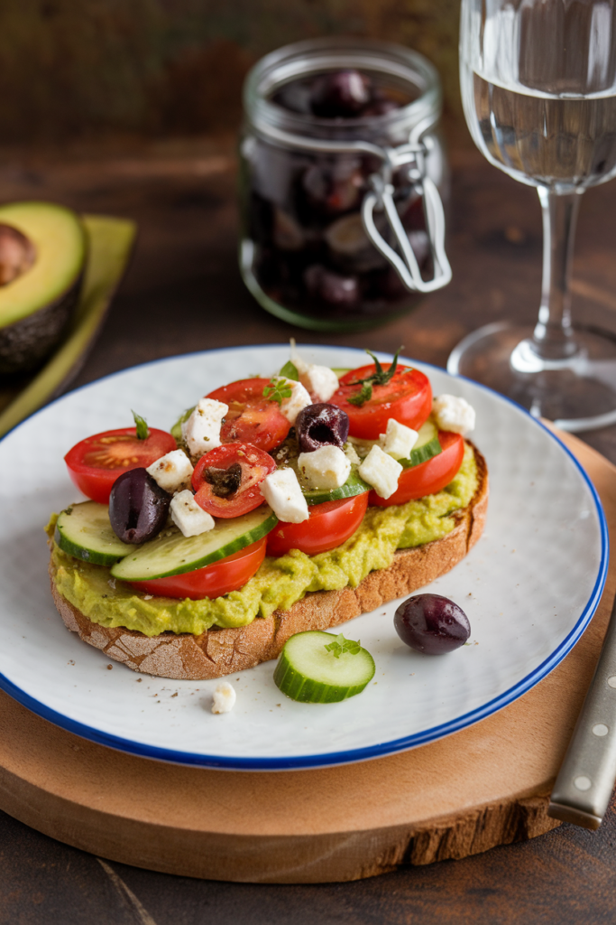 Avocado toast topped with tomatoes, cucumbers, feta cheese, and olives on a plate with a jar of olives nearby.