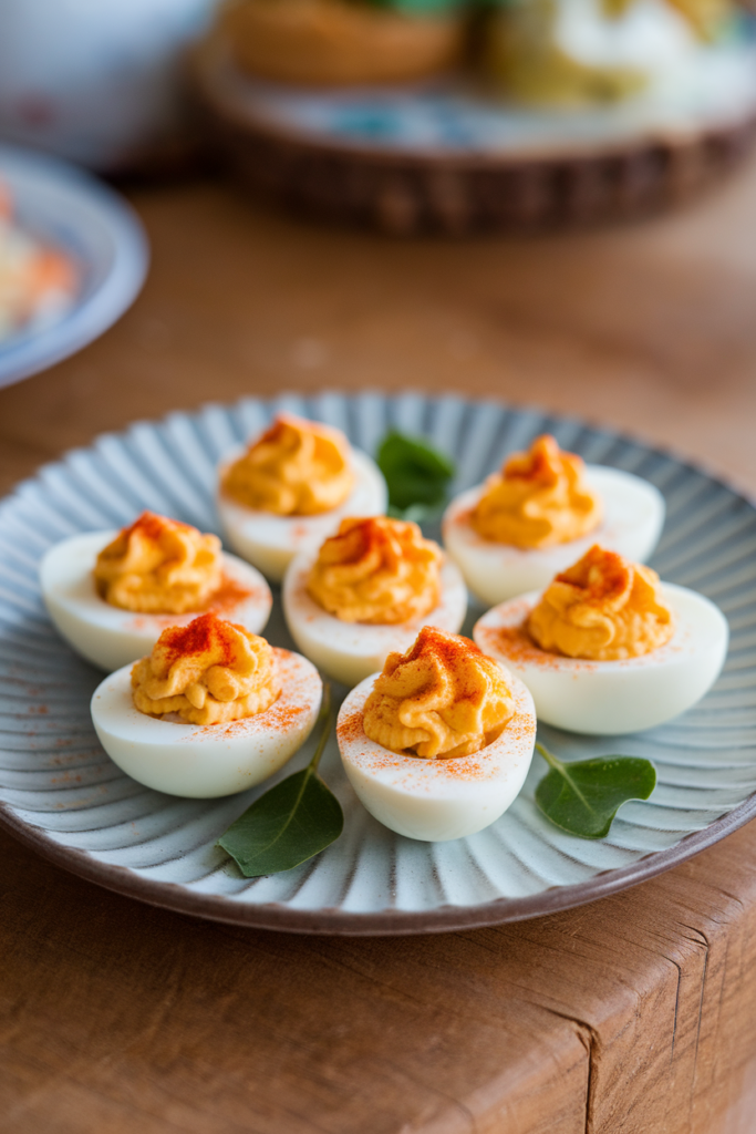 Deviled eggs garnished with paprika on a plate, perfect for appetizers or party snacks.