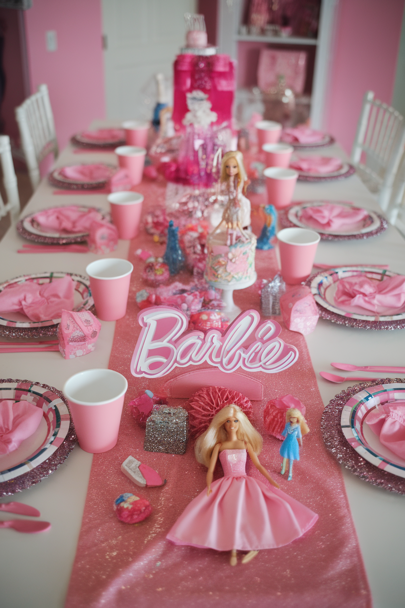 Pink-themed Barbie birthday party table with dolls, decorations, and pink tableware.