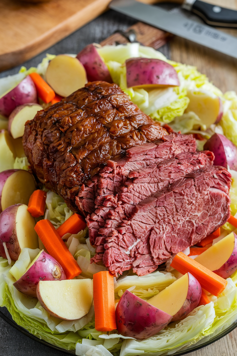 Sliced corned beef with cabbage, carrots, and potatoes on a platter, perfect for St. Patrick’s Day meal.