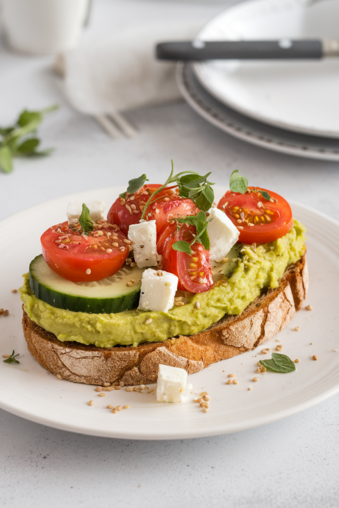 Avocado toast with cucumber, cherry tomatoes, feta, and herbs on sourdough, served on a white plate.