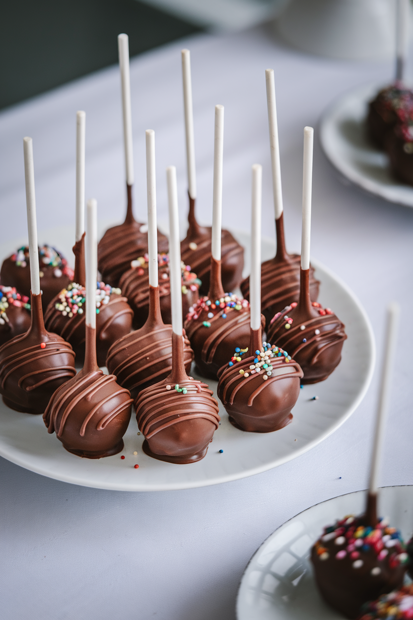 Chocolate cake pops with sprinkles displayed on a white plate for a festive dessert table.