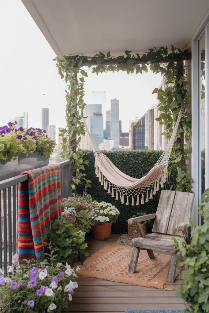 Cozy balcony with hammock, plants, wooden chair, and city view. Perfect urban outdoor relaxation spot.