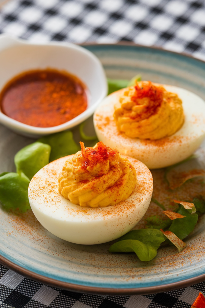 Deviled eggs garnished with paprika and served with dipping sauce on a checkered tablecloth.