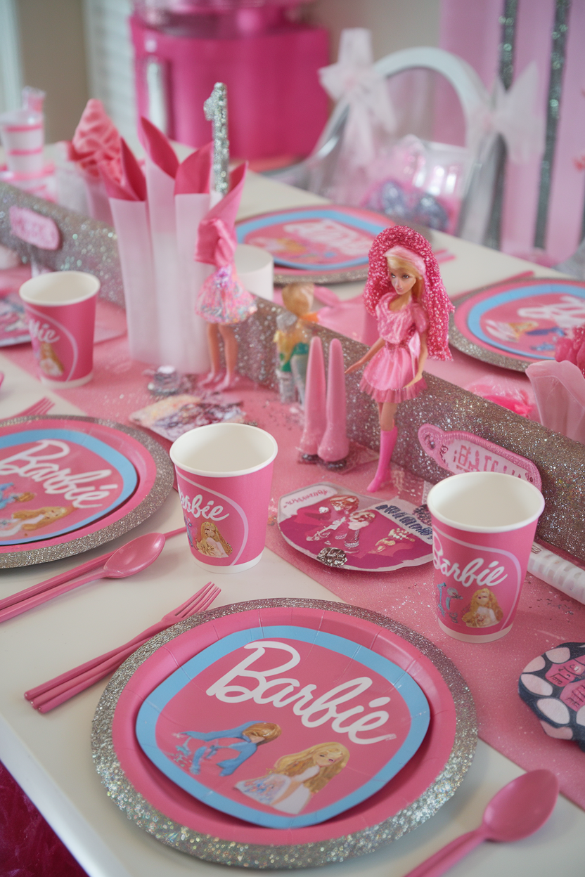 Pink Barbie-themed birthday party table setting with plates, cups, and figurines. Perfect for a fun celebration.