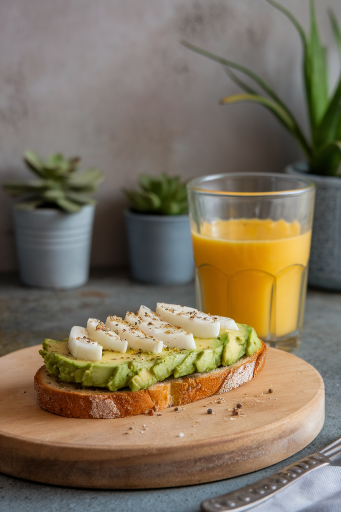 Avocado toast with mozzarella and orange juice on a wooden board, surrounded by potted plants. Ideal breakfast scene.