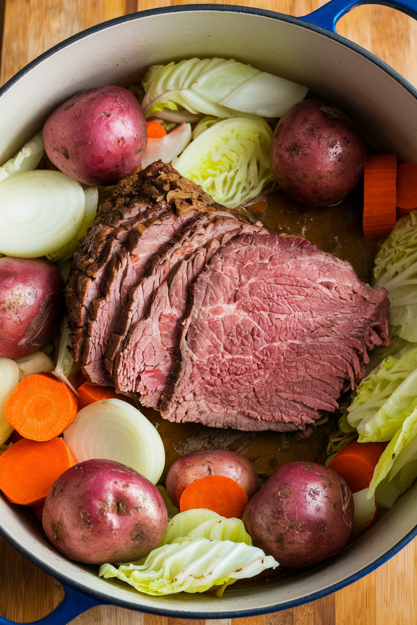 Pot roast with carrots, potatoes, onions, and cabbage in a blue Dutch oven, perfect for cozy family dinners.