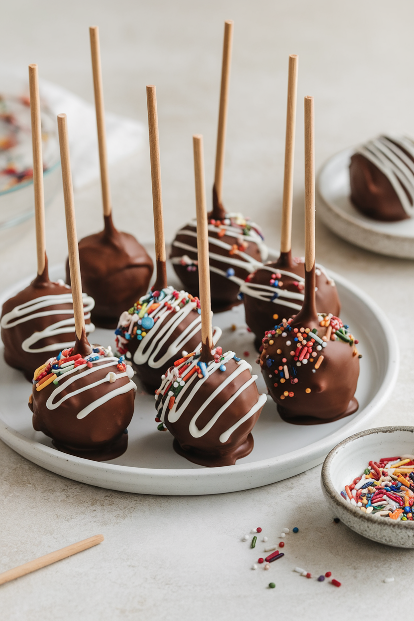 Chocolate cake pops with colorful sprinkles and white drizzle on a plate, perfect for parties or dessert enthusiasts.