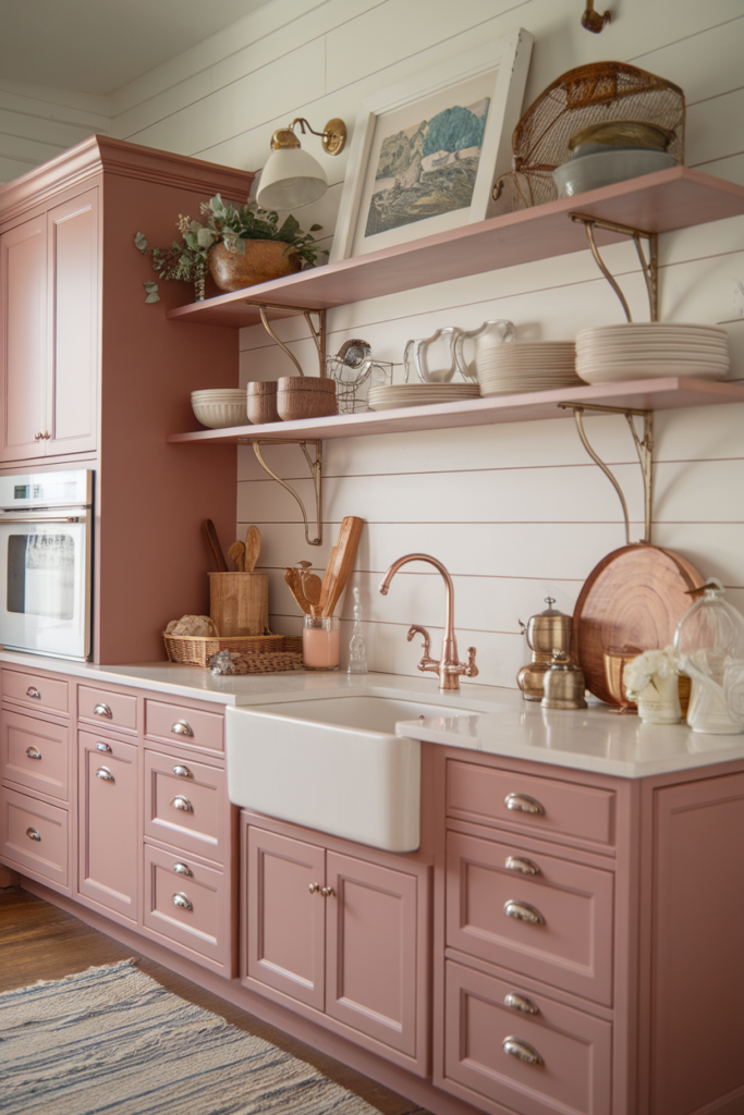 Elegant kitchen with pink cabinets, farmhouse sink, and open shelves, decorated with rustic kitchenware.