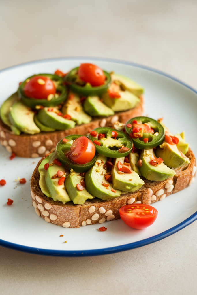 Avocado toast with cherry tomatoes, jalapenos, and sesame seeds on a blue-rimmed plate.