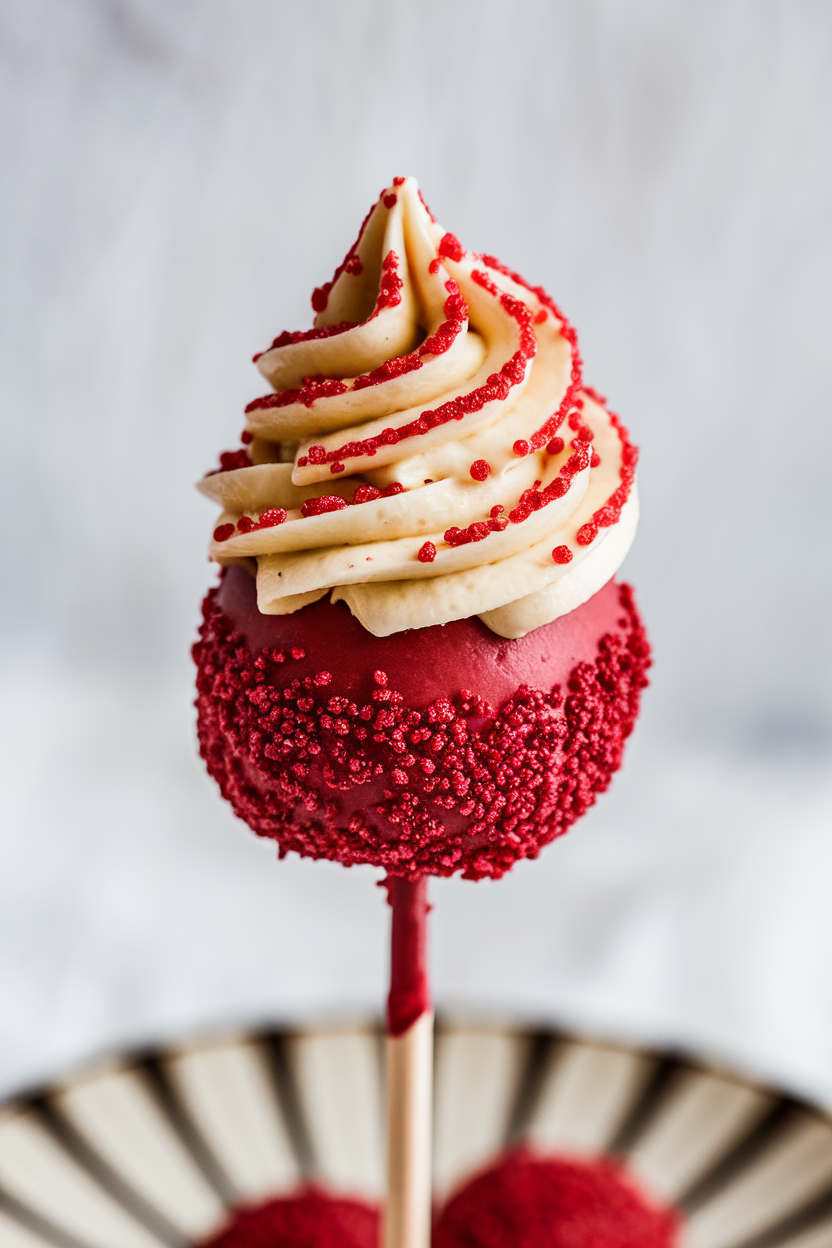 Red velvet cake pop with creamy swirl frosting and sprinkles, elegantly displayed on a stick against a blurred background.