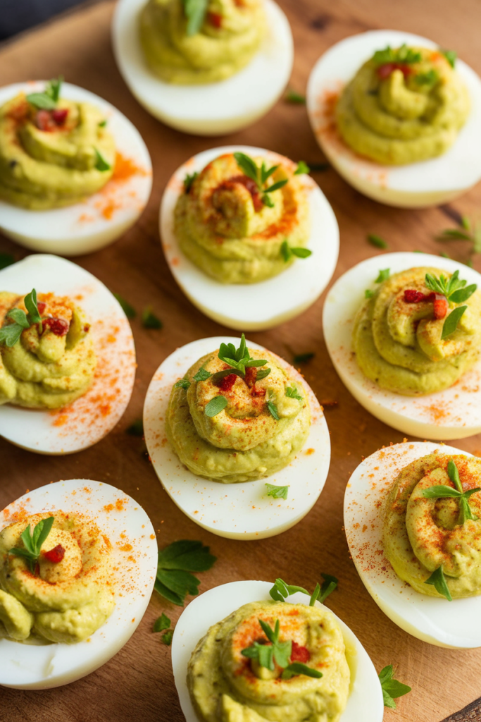 Deviled eggs with creamy avocado filling, garnished with paprika and herbs on a wooden board. Perfect appetizer!