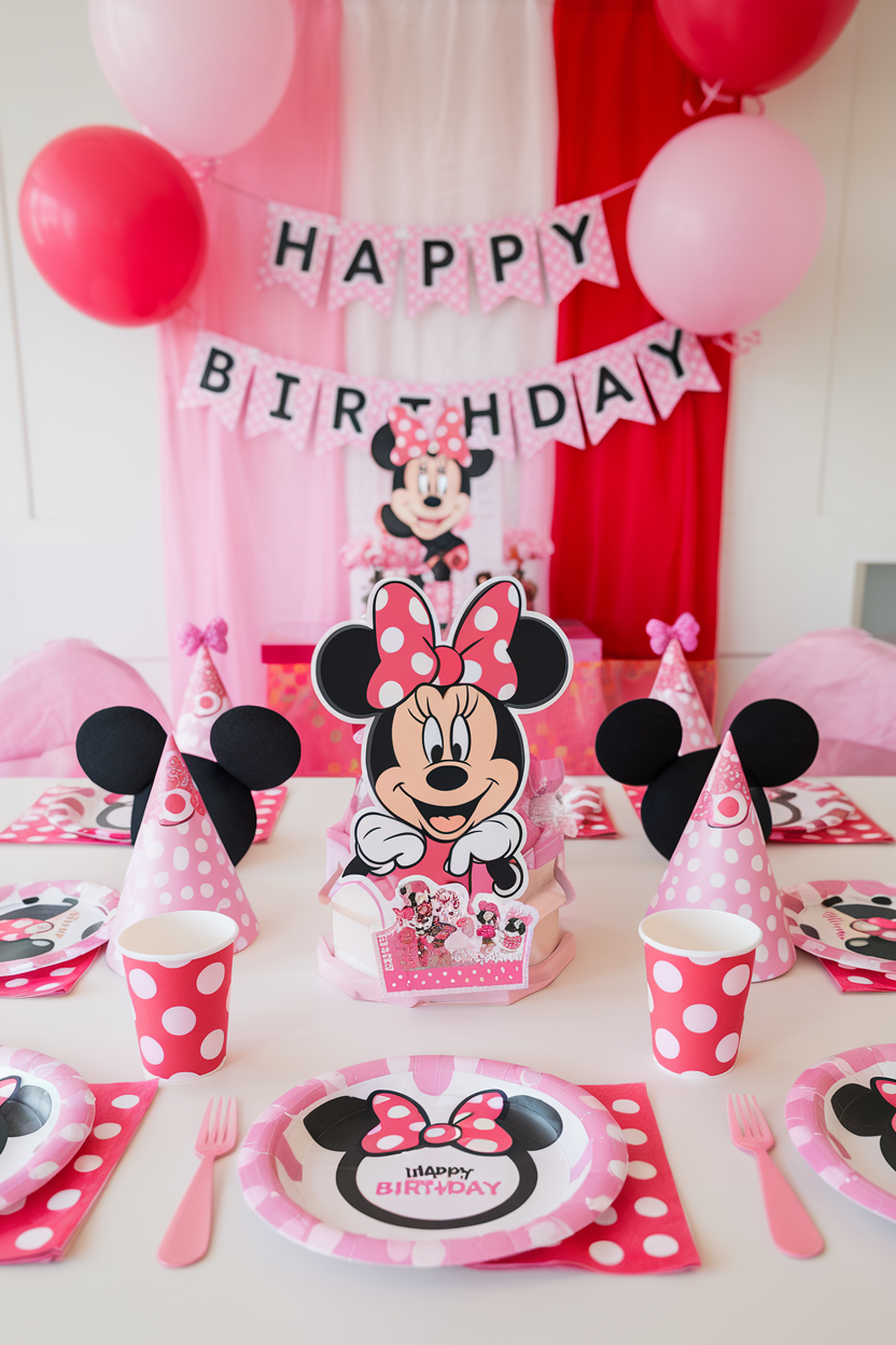 Minnie Mouse themed birthday party table with decorations and pink polka dot accents.