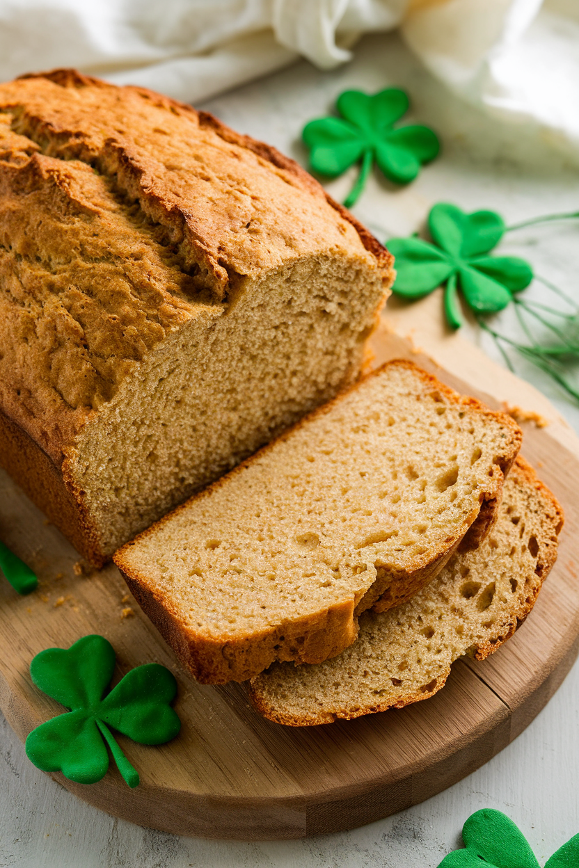 Homemade Irish soda bread on a wooden board with green shamrock decorations. Perfect for St. Patrick's Day.