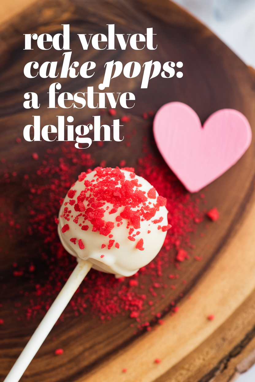 Red velvet cake pop on wooden plate with red sprinkles and heart decoration, a festive treat.