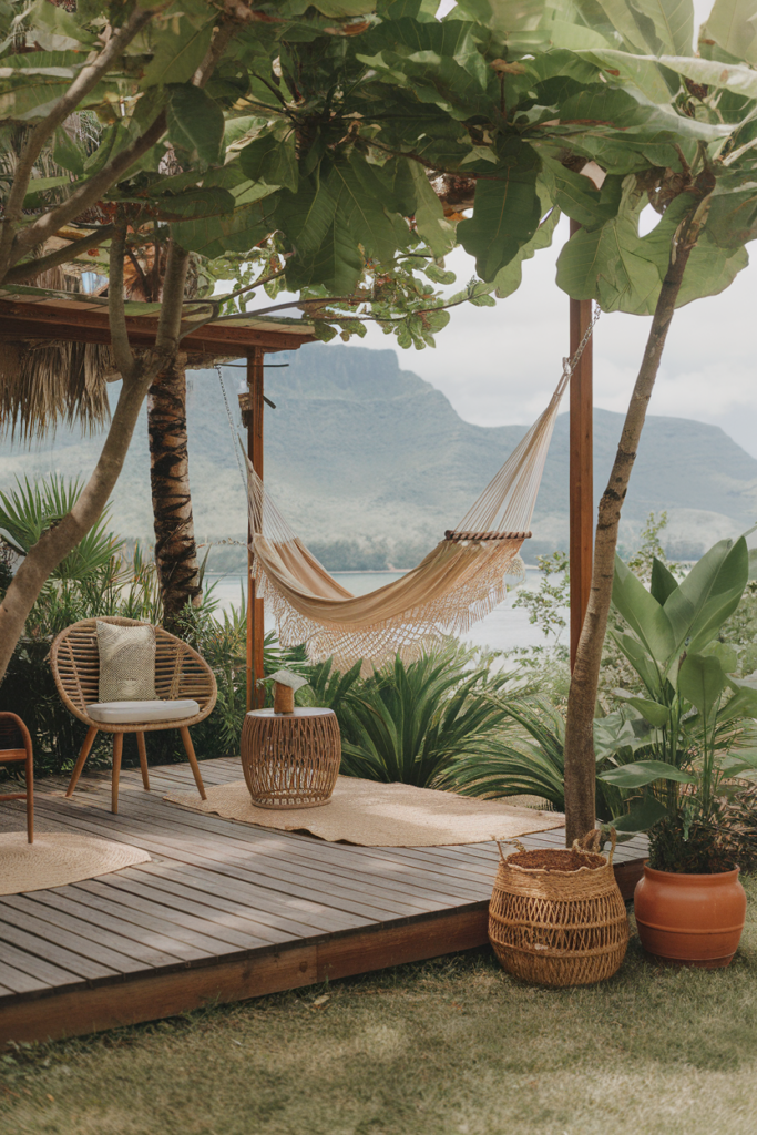 Tranquil outdoor hammock and chair on a wooden deck with lush greenery and mountain views.