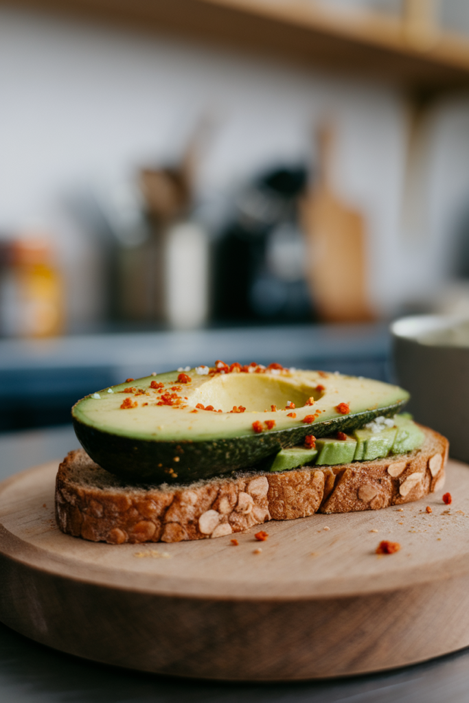 Avocado toast topped with chili flakes on rustic wooden platter in cozy kitchen setting.