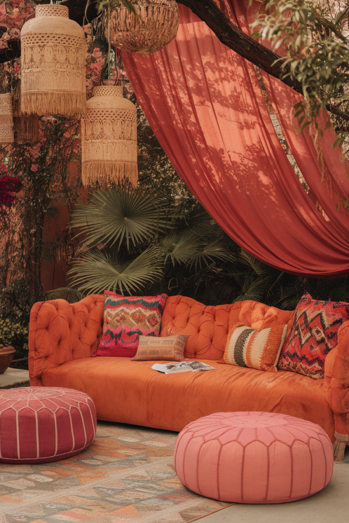 Bohemian outdoor lounge with orange sofa, patterned pillows, hanging lanterns, and pink poufs under red drapes.