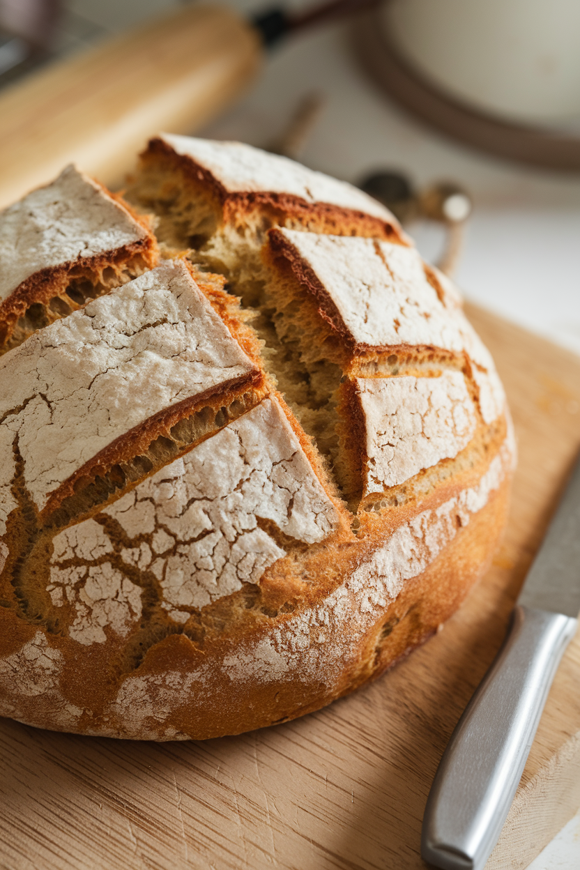 Crusty round bread on a wooden board with a bread knife nearby, perfect for homemade baking enthusiasts.