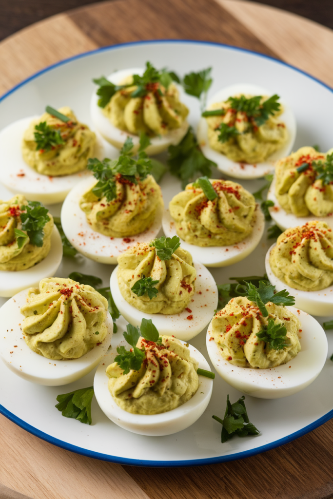 Plate of deviled eggs topped with paprika and parsley, perfect for a savory appetizer or party snack.