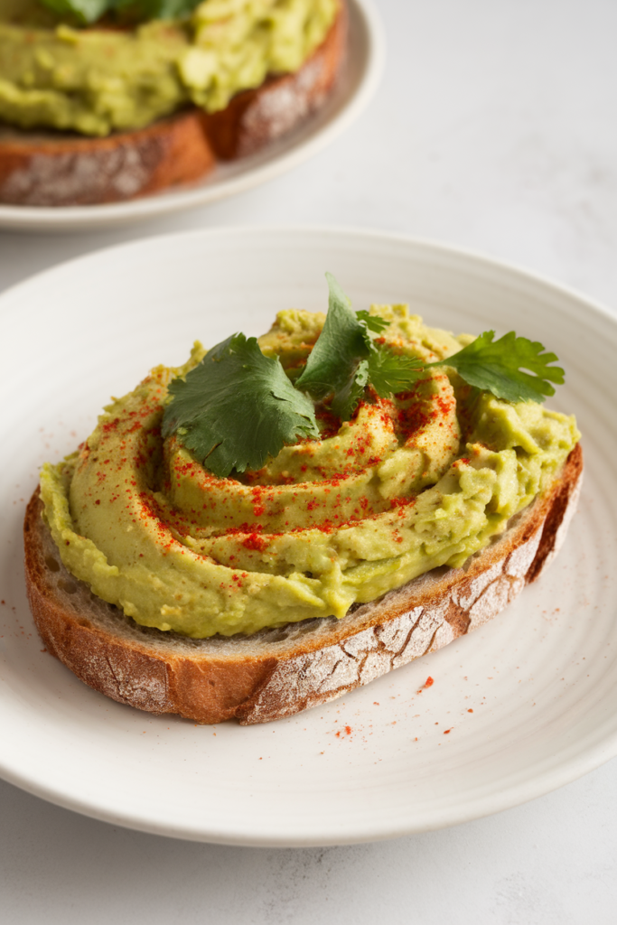 Avocado toast with cilantro and paprika on a plate, perfect for a healthy breakfast or brunch idea.