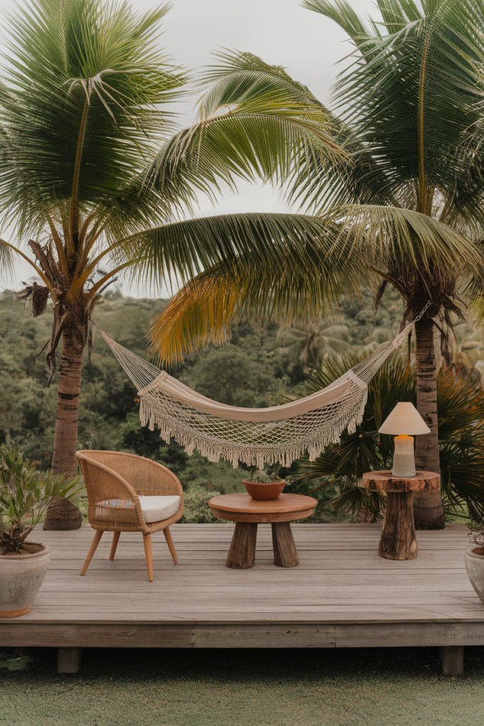 Relaxing tropical hammock with chairs and table on a wooden deck between palm trees, perfect for serene outdoor leisure.