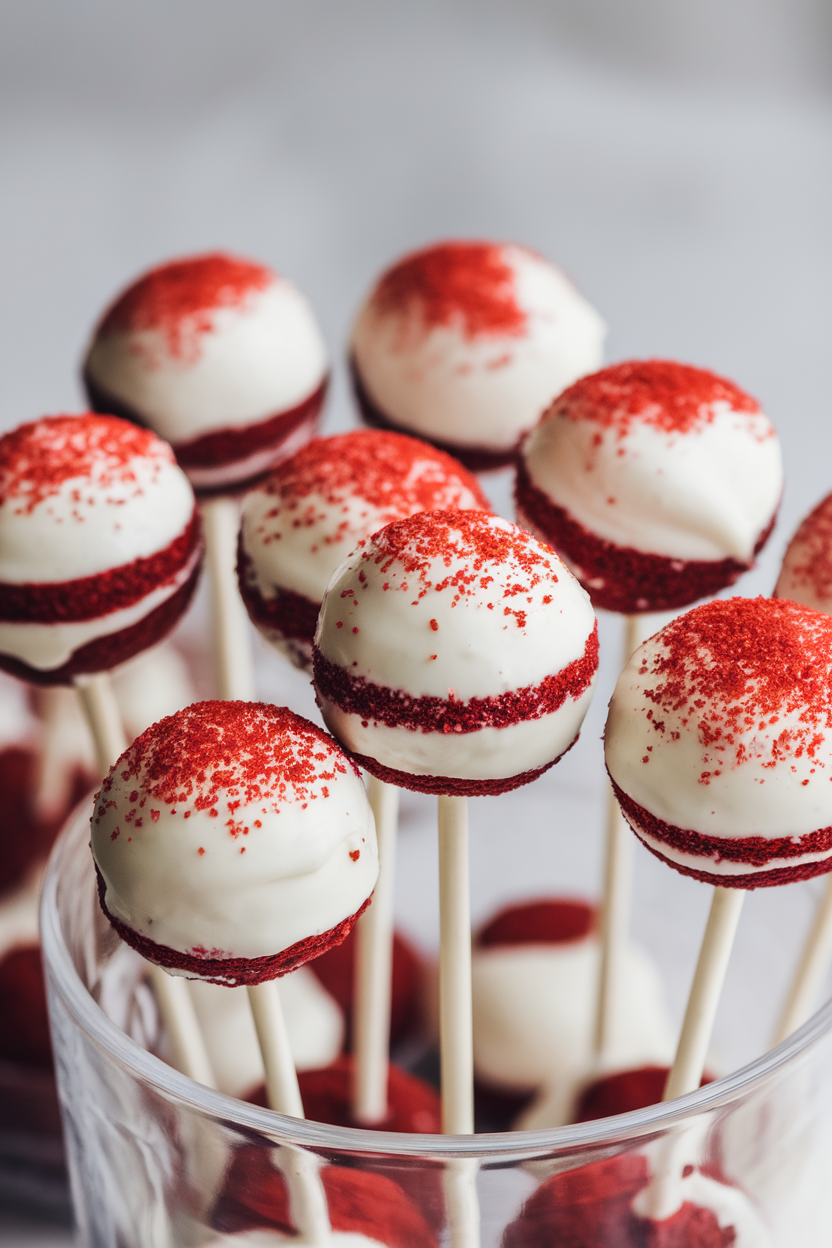 Red velvet cake pops with white icing and red sprinkles in a glass jar, perfect for festive occasions.