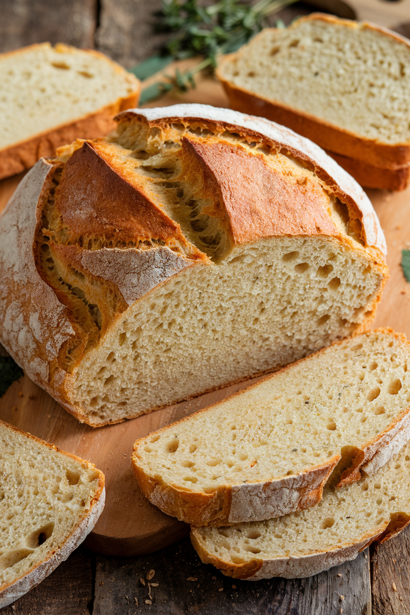 Sliced homemade artisan bread on a wooden board, showcasing a crusty exterior and soft interior.