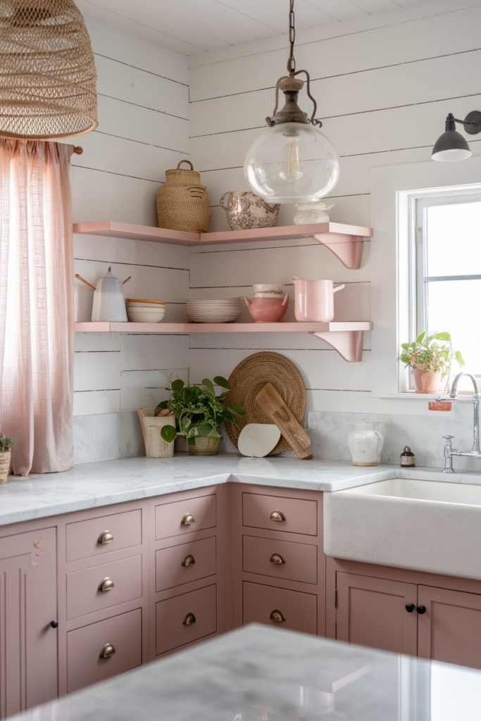 Farmhouse kitchen with pink cabinets, marble countertops, open shelving, and plants. Cozy and stylish decor.