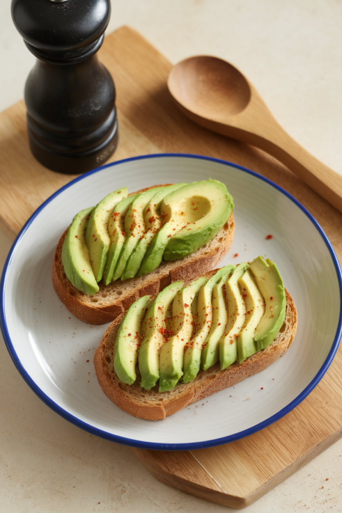 Sliced avocado on toast topped with chili flakes, served on a white plate with a pepper grinder and wooden spoon nearby.