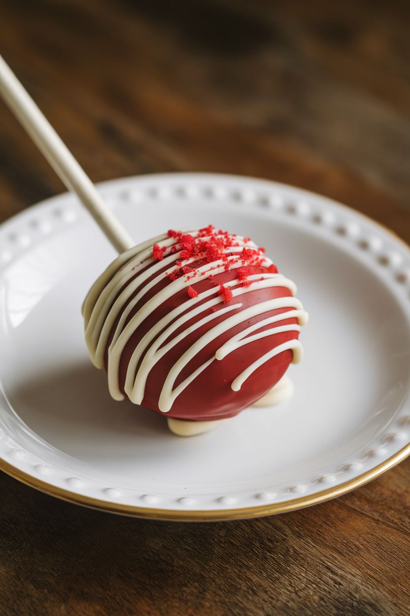 Red velvet cake pop with white chocolate drizzle on a plate.