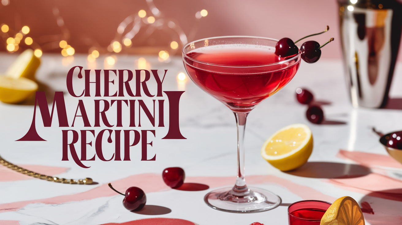 Cherry martini cocktail with lemon and cherries, perfect for festive gatherings. Martini recipe background.