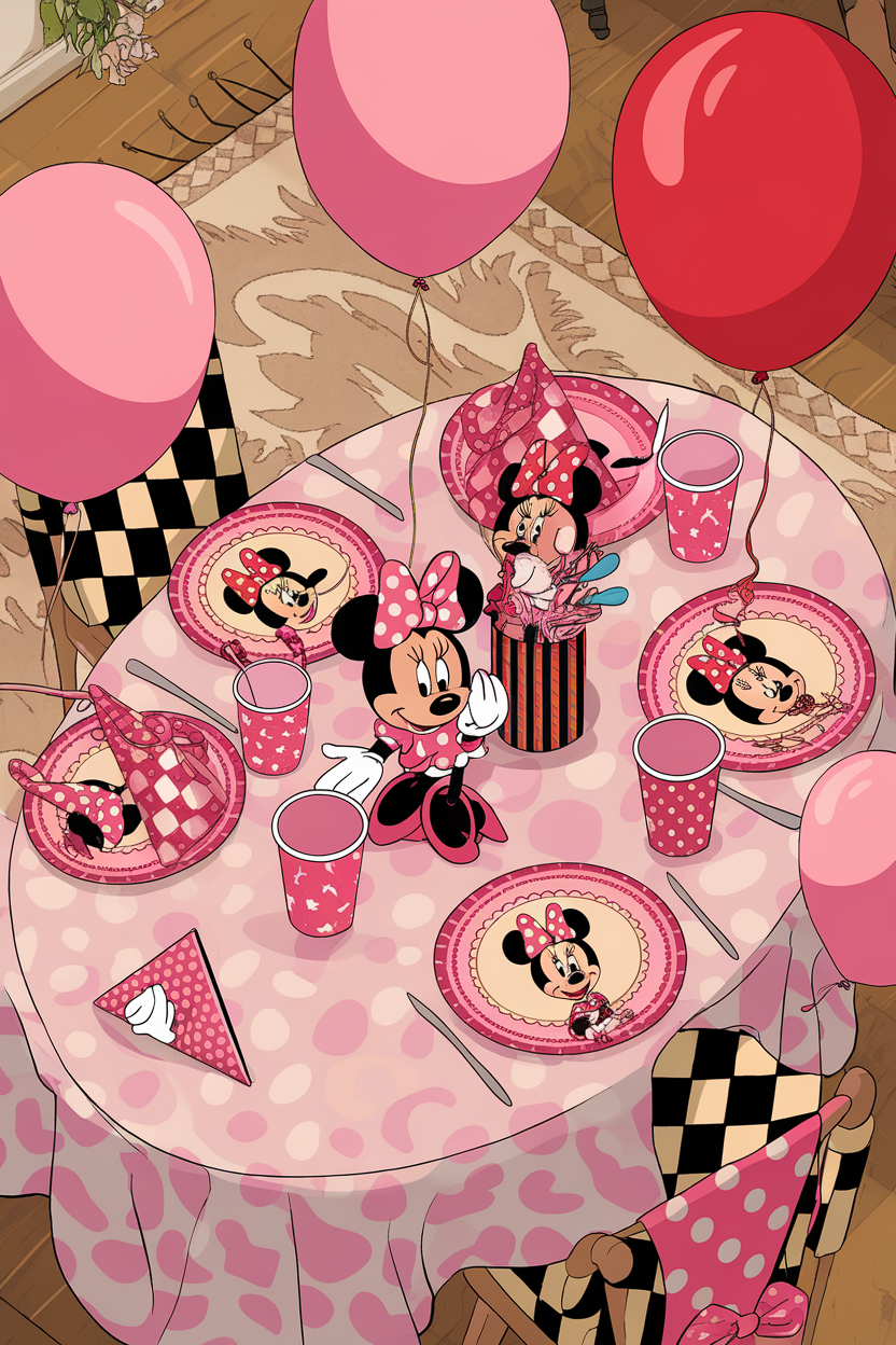 Minnie Mouse-themed birthday party table setup with balloons, hats, and plates.