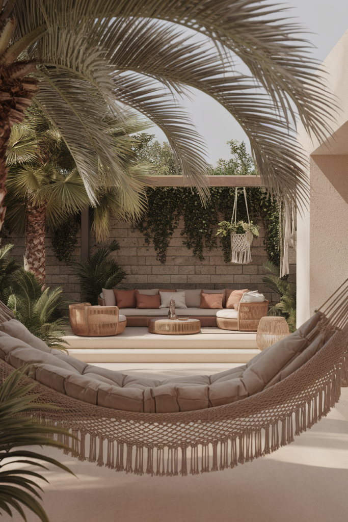 Cozy outdoor lounge with a hammock, palm trees, woven furniture, and lush greenery on a sunny patio.