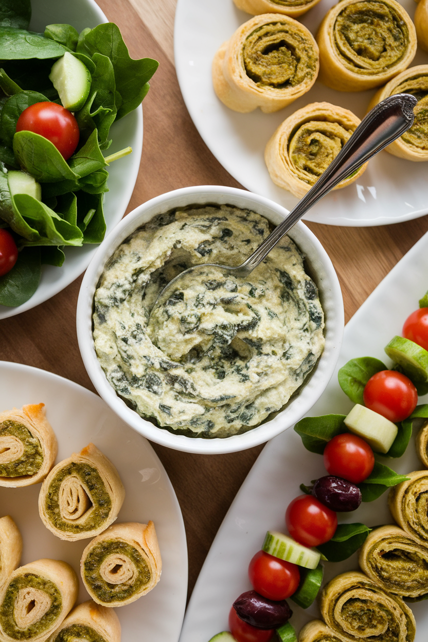 Spinach dip with veggie salad and pinwheel appetizers on plates, perfect for healthy snacks or party finger food.