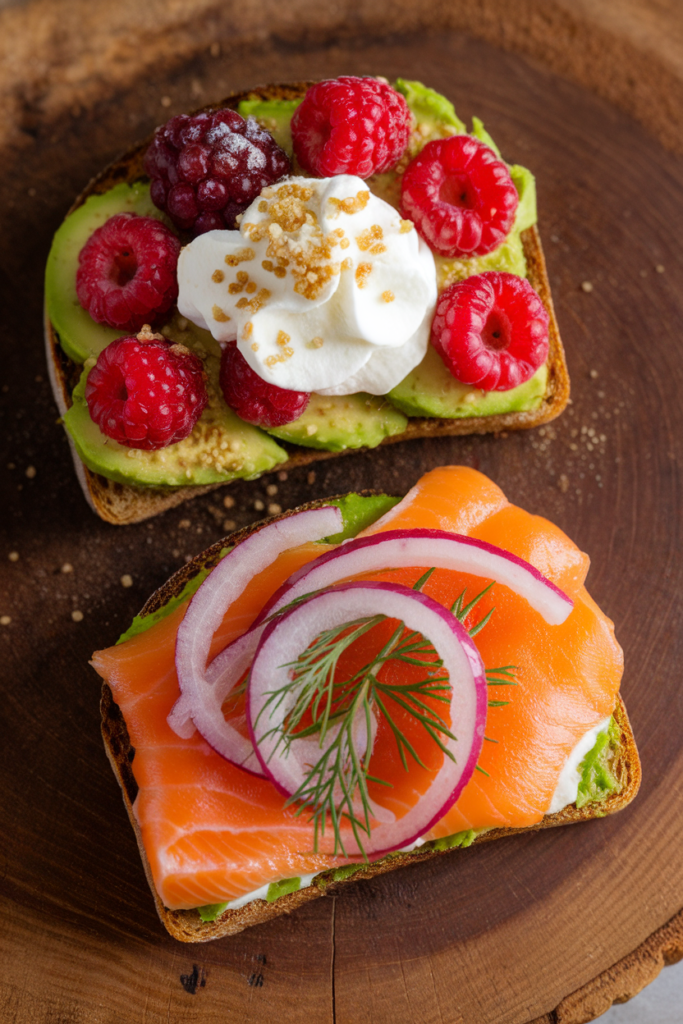 Gourmet toasts with salmon, red onion, avocado, whipped cream, and berries on wooden board.