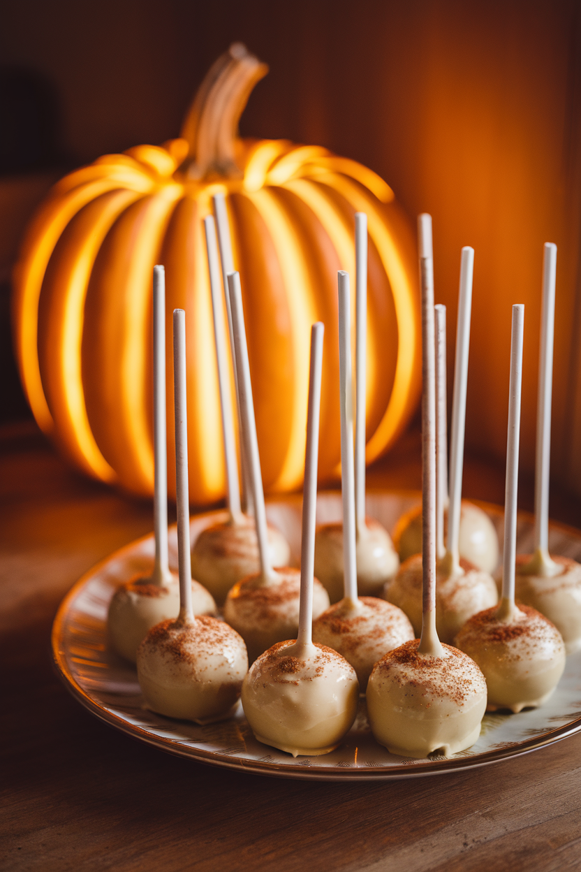 Pumpkin-themed cake pops on a plate with a glowing pumpkin in the background, creating a festive autumn vibe.