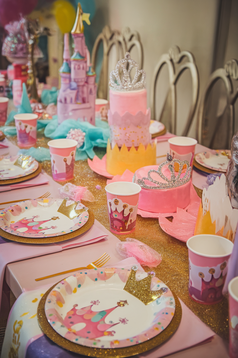 Princess-themed birthday party table with pink decorations, castle centerpiece, and crown plates. Ideal for kids' celebrations.