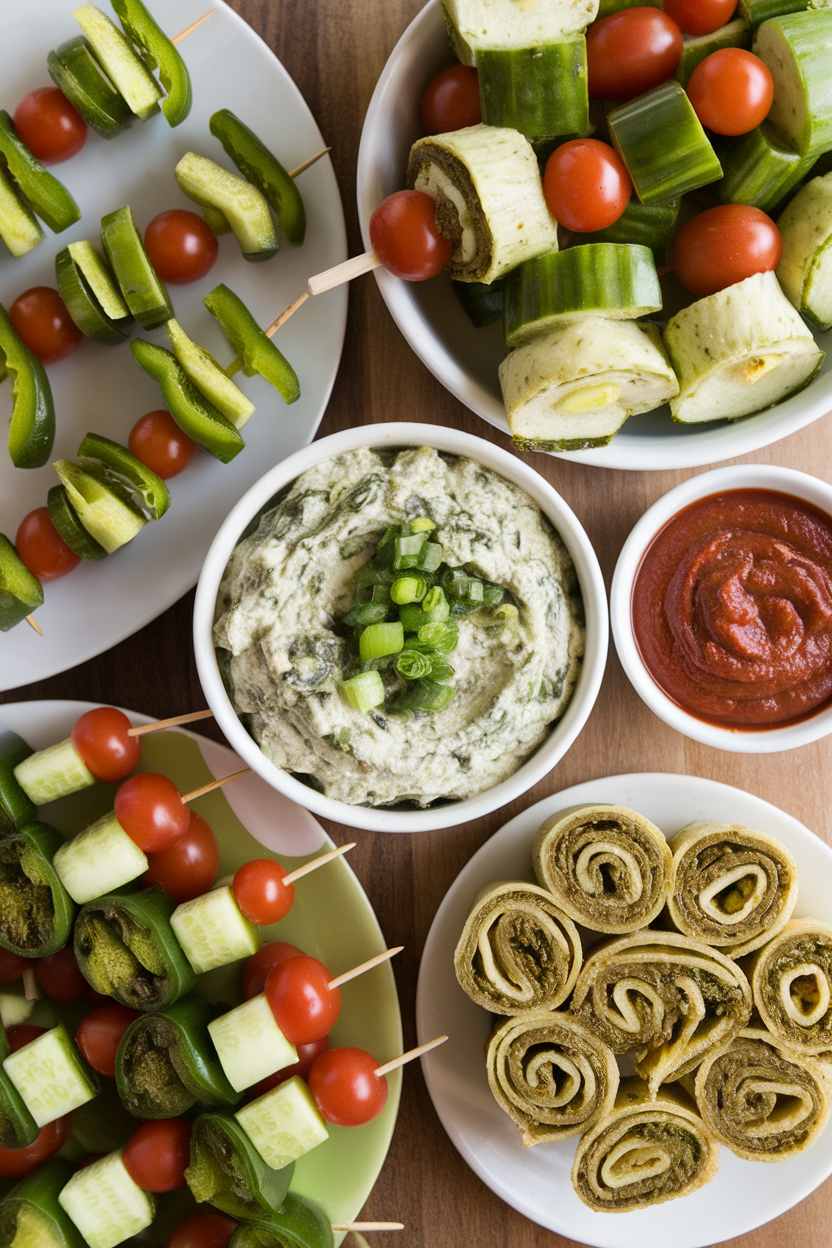 Vegetable skewers, dips, and spiraled wraps on plates for a colorful, healthy appetizer spread.