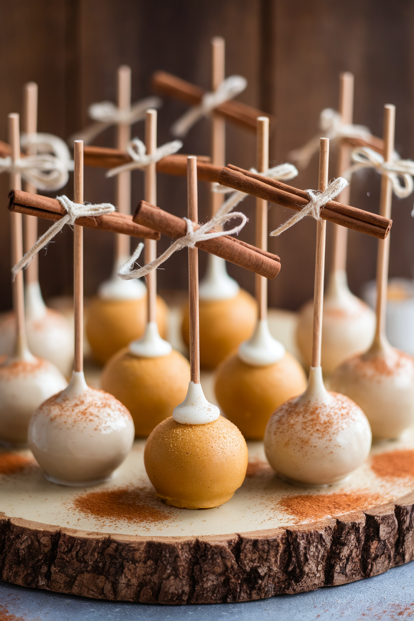 Elegant cake pops decorated with cinnamon sticks on a rustic wooden platter, perfect for fall treats.