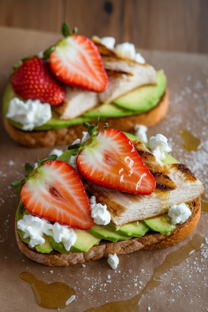 Avocado toast topped with sliced strawberries, grilled chicken, and goat cheese on a brown paper background.