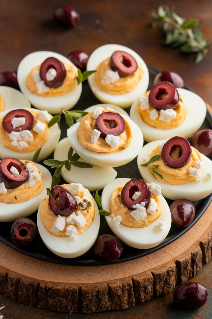 Deviled eggs topped with Kalamata olives and feta cheese on a black plate, garnished with fresh herbs.