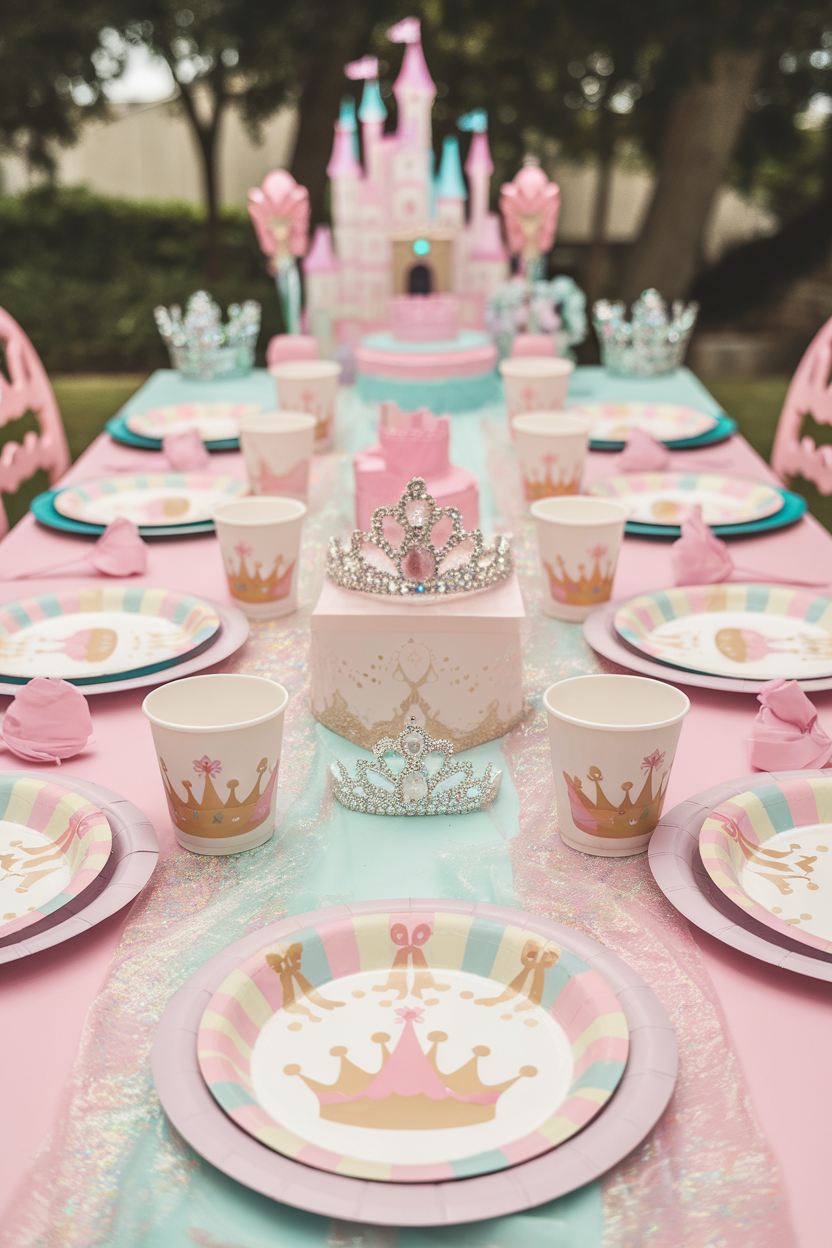 Princess-themed birthday table setting with crowns, castle, and pink decorations.