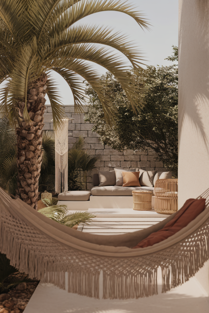 Tranquil outdoor patio with hammock, palm tree, cozy seating, and bohemian decor in sunny garden setting.