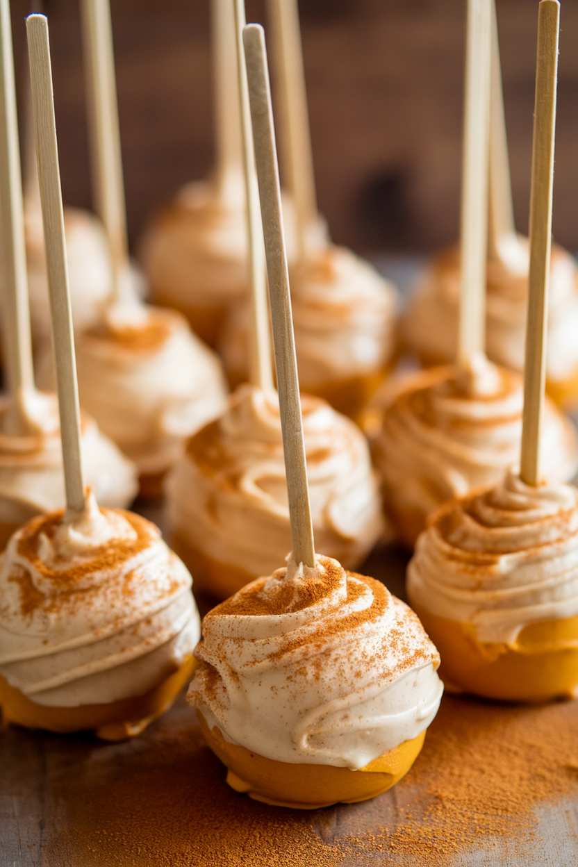 Creamy cinnamon cake pops on sticks, arranged on wooden surface. Perfect for fall desserts and festive occasions.