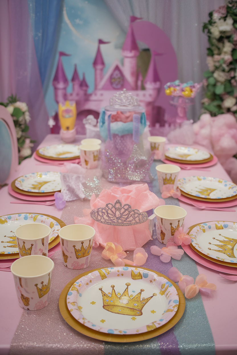 Princess-themed party table with crown plates, tiaras, and castle backdrop in pink and purple decor.