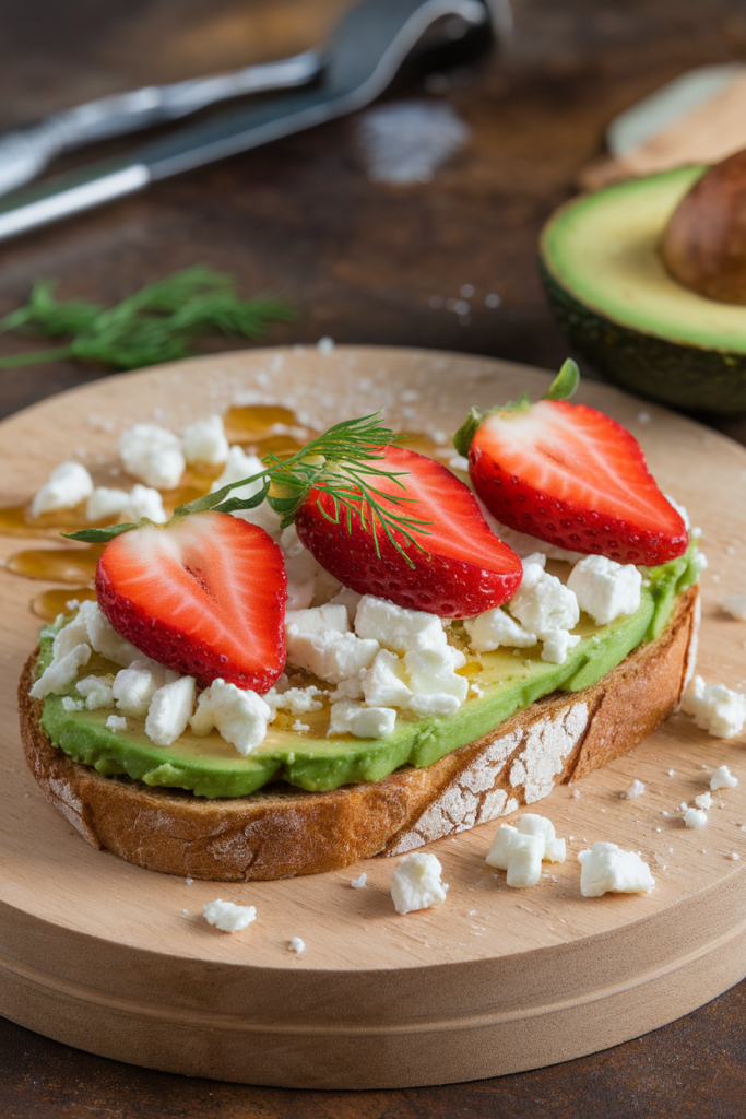 Avocado toast topped with feta, strawberries, and herbs on a wooden board. Perfect for a healthy breakfast.